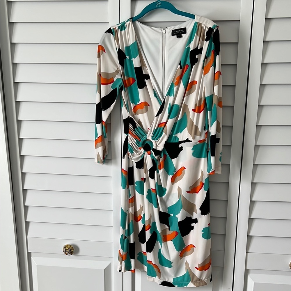 Tahari Blue and Orange Sheath Dress with 3/4 Sleeves